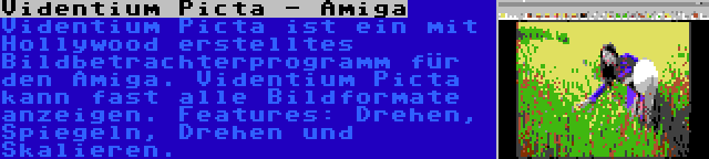 Videntium Picta - Amiga | Videntium Picta ist ein mit Hollywood erstelltes Bildbetrachterprogramm für den Amiga. Videntium Picta kann fast alle Bildformate anzeigen. Features: Drehen, Spiegeln, Drehen und Skalieren.