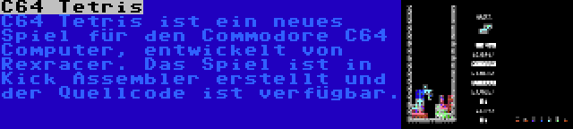 C64 Tetris | C64 Tetris ist ein neues Spiel für den Commodore C64 Computer, entwickelt von Rexracer. Das Spiel ist in Kick Assembler erstellt und der Quellcode ist verfügbar.