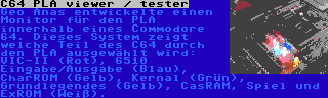 C64 PLA viewer / tester | Geo Anas entwickelte einen Monitor für den PLA innerhalb eines Commodore 64. Dieses System zeigt welche Teil des C64 durch den PLA ausgewählt wird: VIC-II (Rot), 6510 Eingabe/Ausgabe (Blau), CharROM (Gelb), Kernal (Grün), Grundlegendes (Gelb), CasRAM, Spiel und ExROM (Weiß).