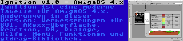 Ignition v1.0 - AmigaOS 4.x | Ignition ist eine moderne Tabelle für AmigaOS 4.x. Änderungen in dieser Version: Verbesserungen für GUI, ARexx-Oberfläche, Reaction, DB, Dialoge, Hilfe, Menü, Funktionen und gtdrag-Bibliothek.
