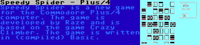 Speedy Spider - Plus/4 | Speedy Spider is a new game for the Commodore Plus/4 computer. The game is developed by Raze and is based on the game Crazy Climber. The game is written in (compiled) Basic.
