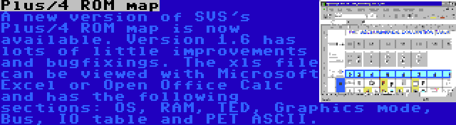 Plus/4 ROM map | A new version of SVS's Plus/4 ROM map is now available. Version 1.6 has lots of little improvements and bugfixings. The xls file can be viewed with Microsoft Excel or Open Office Calc and has the following sections: OS, RAM, TED, Graphics mode, Bus, IO table and PET ASCII.