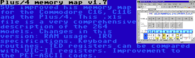 Plus/4 memory map v1.7 | SVS improved his memory map for the Commodore C16, C116 and the Plus/4. This .xls file is a very comprehensive description of the 264 models. Changes in this version: RAM usage. IRQ specifications. Keyboard routines. TED registers can be compared with VIC-II registers. Improvement to the PET-ASCII codes.