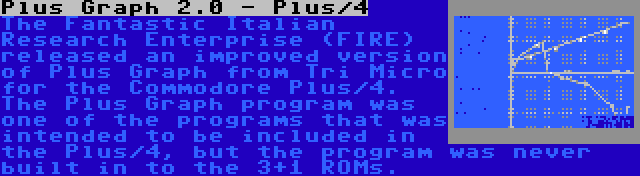 Plus Graph 2.0 - Plus/4 | The Fantastic Italian Research Enterprise (FIRE) released an improved version of Plus Graph from Tri Micro for the Commodore Plus/4. The Plus Graph program was one of the programs that was intended to be included in the Plus/4, but the program was never built in to the 3+1 ROMs.