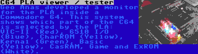 C64 PLA viewer / tester | Geo Anas developed a monitor for the PLA inside a Commodore 64. This system shows which part of the C64 is selected by the PLA: VIC-II (Red), 6510 I/O (Blue), CharROM (Yellow), Kernal (Green), Basic (Yellow), CasRAM, Game and ExROM (White).