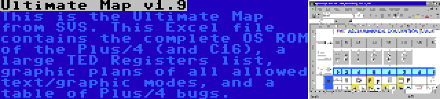 Ultimate Map v1.9 | This is the Ultimate Map from SVS. This Excel file contains the complete OS ROM of the Plus/4 (and C16), a large TED Registers list, graphic plans of all allowed text/graphic modes, and a table of Plus/4 bugs.