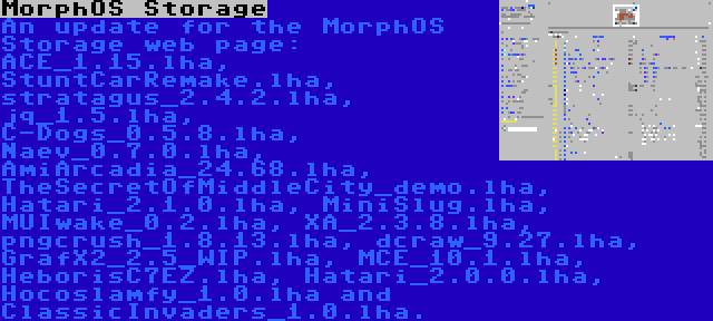 MorphOS Storage | An update for the MorphOS Storage web page: ACE_1.15.lha, StuntCarRemake.lha, stratagus_2.4.2.lha, jq_1.5.lha, C-Dogs_0.5.8.lha, Naev_0.7.0.lha, AmiArcadia_24.68.lha, TheSecretOfMiddleCity_demo.lha, Hatari_2.1.0.lha, MiniSlug.lha, MUIwake_0.2.lha, XA_2.3.8.lha, pngcrush_1.8.13.lha, dcraw_9.27.lha, GrafX2_2.5_WIP.lha, MCE_10.1.lha, HeborisC7EZ.lha, Hatari_2.0.0.lha, Hocoslamfy_1.0.lha and ClassicInvaders_1.0.lha.