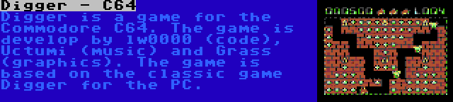 Digger - C64 | Digger is a game for the Commodore C64. The game is develop by lw0000 (code), Uctumi (music) and Grass (graphics). The game is based on the classic game Digger for the PC.