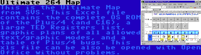 Ultimate 264 Map | This is the Ultimate Map from SVS. This Excel file contains the complete OS ROM of the Plus/4 (and C16), a large TED Registers list, graphic plans of all allowed text/graphic modes, and a table of Plus/4 bugs. This xls file can be also be opened with Open Office without problems.