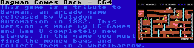 Bagman Comes Back - C64 | This game is a tribute to Bagman, an arcade game released by Valadon Automation in 1982. This version is made by LC-Games and has 8 completely new stages. In the game you must find the money bags and collect them in a wheelbarrow.