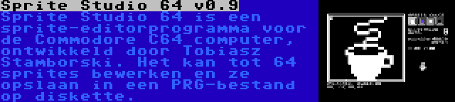 Sprite Studio 64 v0.9 | Sprite Studio 64 is een sprite-editorprogramma voor de Commodore C64 computer, ontwikkeld door Tobiasz Stamborski. Het kan tot 64 sprites bewerken en ze opslaan in een PRG-bestand op diskette.