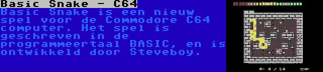 Basic Snake - C64 | Basic Snake is een nieuw spel voor de Commodore C64 computer. Het spel is geschreven in de programmeertaal BASIC, en is ontwikkeld door Steveboy.