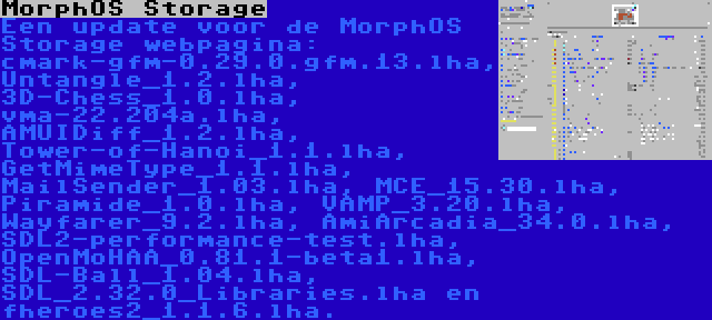 MorphOS Storage | Een update voor de MorphOS Storage webpagina: cmark-gfm-0.29.0.gfm.13.lha, Untangle_1.2.lha, 3D-Chess_1.0.lha, vma-22.204a.lha, AMUIDiff_1.2.lha, Tower-of-Hanoi_1.1.lha, GetMimeType_1.1.lha, MailSender_1.03.lha, MCE_15.30.lha, Piramide_1.0.lha, VAMP_3.20.lha, Wayfarer_9.2.lha, AmiArcadia_34.0.lha, SDL2-performance-test.lha, OpenMoHAA_0.81.1-beta1.lha, SDL-Ball_1.04.lha, SDL_2.32.0_Libraries.lha en fheroes2_1.1.6.lha.