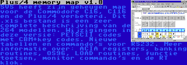 Plus/4 memory map v1.8 | SVS heeft zijn geheugen map voor de Commodore C16, C116 en de Plus/4 verbeterd. Dit .xls bestand is een zeer complete beschrijving van de 264 modellen. Wijzigingen in deze versie: PETSCII codes met CBM+key codes. Nieuwe tabellen en commando's voor RS232. Meer informatie over: ACIA registers, banking routines, OS96, LOAD routines, functie toetsen, monitor commando's en de RT klok.