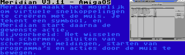 Meridian V3.11 - AmigaOS | Meridian maakt het mogelijk om virtuele snelkoppelingen te creëren met de muis. Je tekent een symbool, en Meridian start daarna de gewenste actie. Bijvoorbeeld: Het wisselen van schermen, sluiten van schermen en meldingen, starten van programma's en acties door de muis te bewegen.