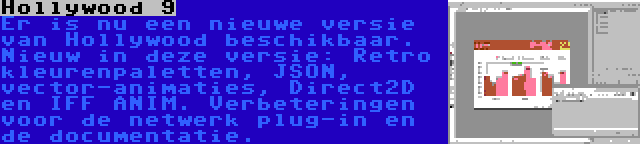 Hollywood 9 | Er is nu een nieuwe versie van Hollywood beschikbaar. Nieuw in deze versie: Retro kleurenpaletten, JSON, vector-animaties, Direct2D en IFF ANIM. Verbeteringen voor de netwerk plug-in en de documentatie.