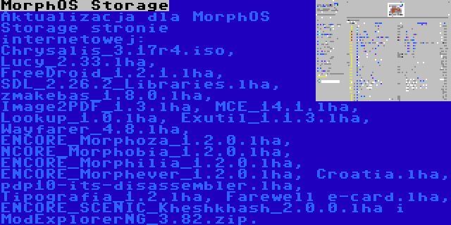 MorphOS Storage | Aktualizacja dla MorphOS Storage stronie internetowej: Chrysalis_3.17r4.iso, Lucy_2.33.lha, FreeDroid_1.2.1.lha, SDL_2.26.2_Libraries.lha, zmakebas_1.8.0.lha, Image2PDF_1.3.lha, MCE_14.1.lha, Lookup_1.0.lha, Exutil_1.1.3.lha, Wayfarer_4.8.lha, ENCORE_Morphoza_1.2.0.lha, NCORE_Morphobia_1.2.0.lha, ENCORE_Morphilia_1.2.0.lha, ENCORE_Morphever_1.2.0.lha, Croatia.lha, pdp10-its-disassembler.lha, Tipografia_1.2.lha, Farewell e-card.lha, ENCORE_SCENIC_Kheshkhash_2.0.0.lha i ModExplorerNG_3.82.zip.