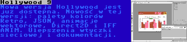 Hollywood 9 | Nowa wersja Hollywood jest już dostępna. Nowość w tej wersji: palety kolorów Retro, JSON, animacje wektorowe, Direct2D i IFF ANIM. Ulepszenia wtyczki sieciowej i dokumentacji.