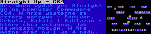 Straight Up - C64 | Dr. Wuro wydał grę Straight Up na komputer Commodore C64. W grze dostępne są cztery warzywa - Pomidor, Cebula, Sałata i Bakłażan - które chcą osiągnąć jak najwyższy poziom. W grę można grać od 1 do 4 osób.